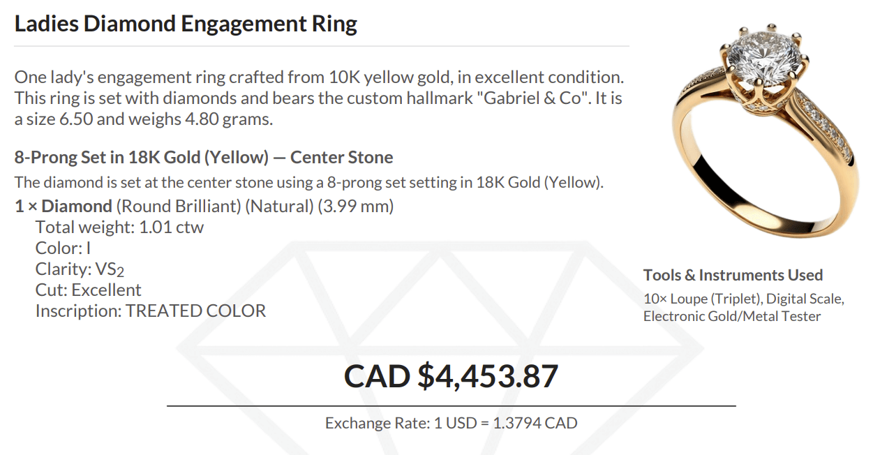 Certificate item description and stone specifications