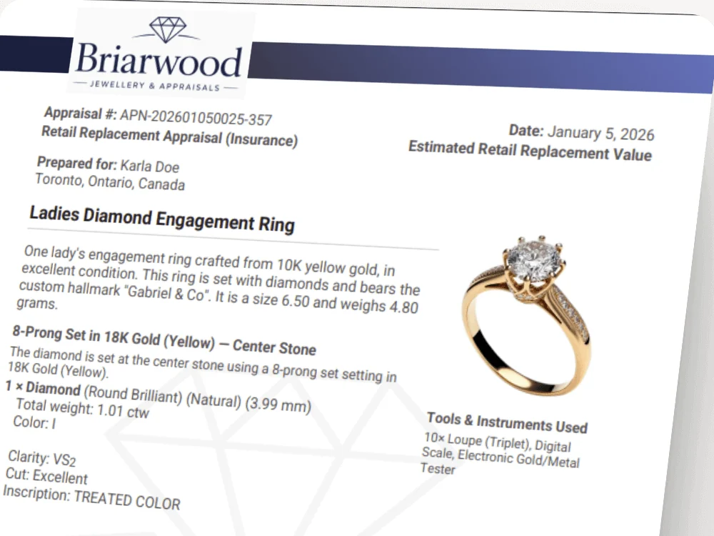 Branded appraisal report with item description and details