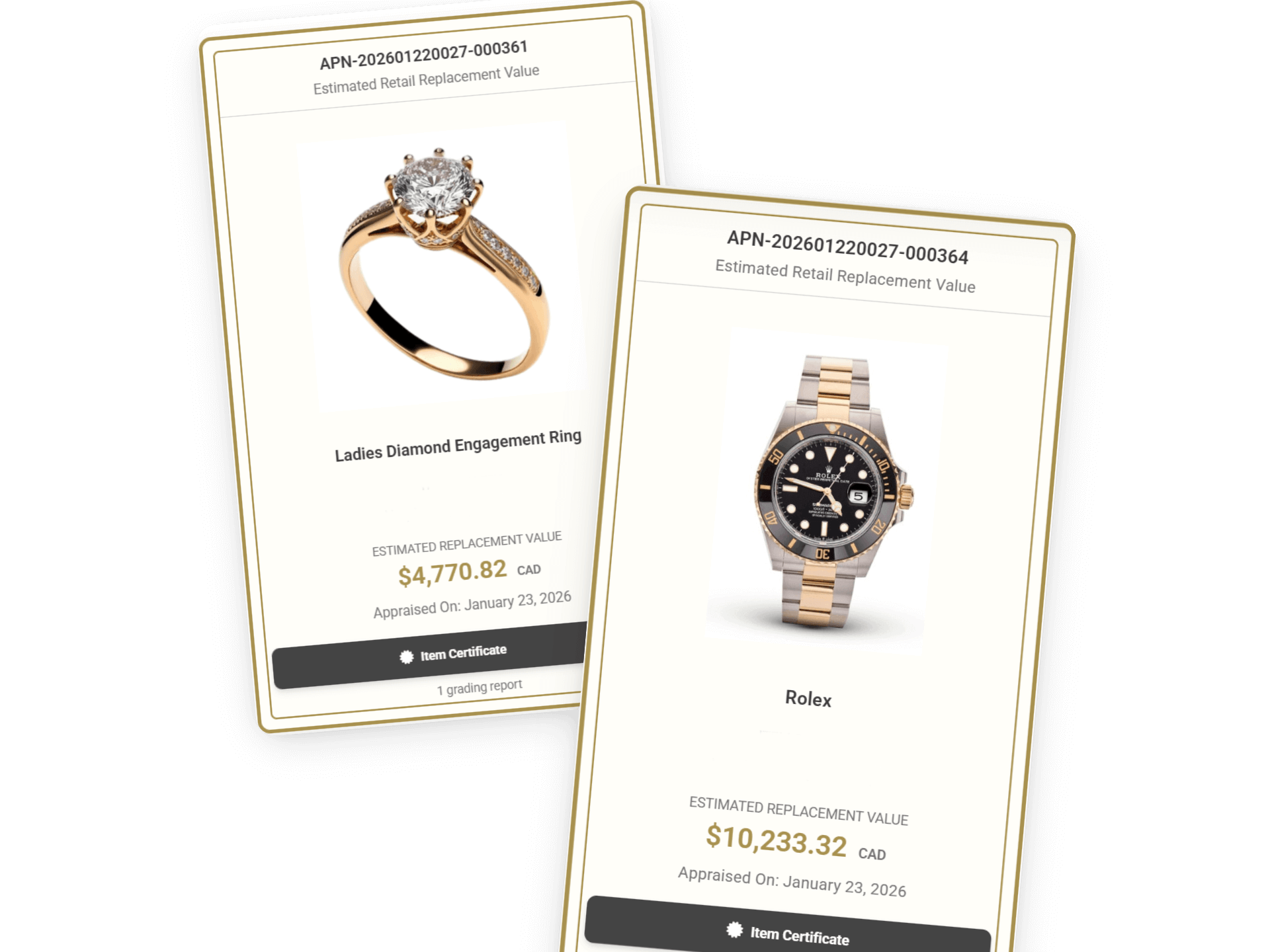 AppraisePoint client portal showing appraised jewellery and watches