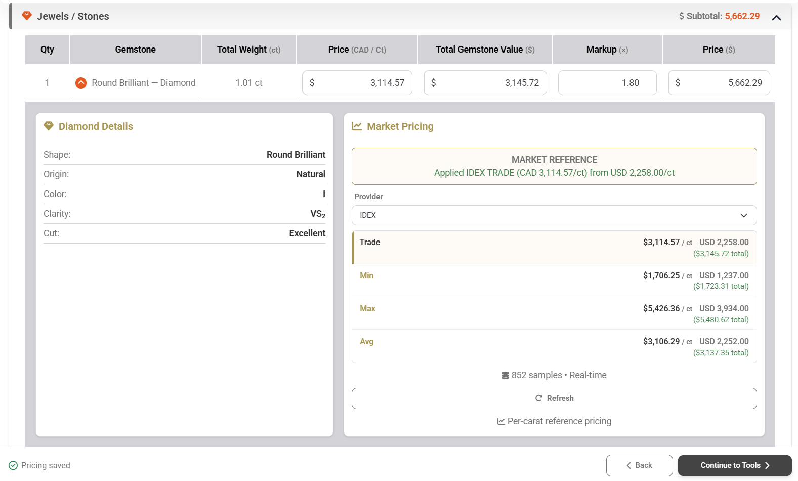 Diamond Pricing IDEX