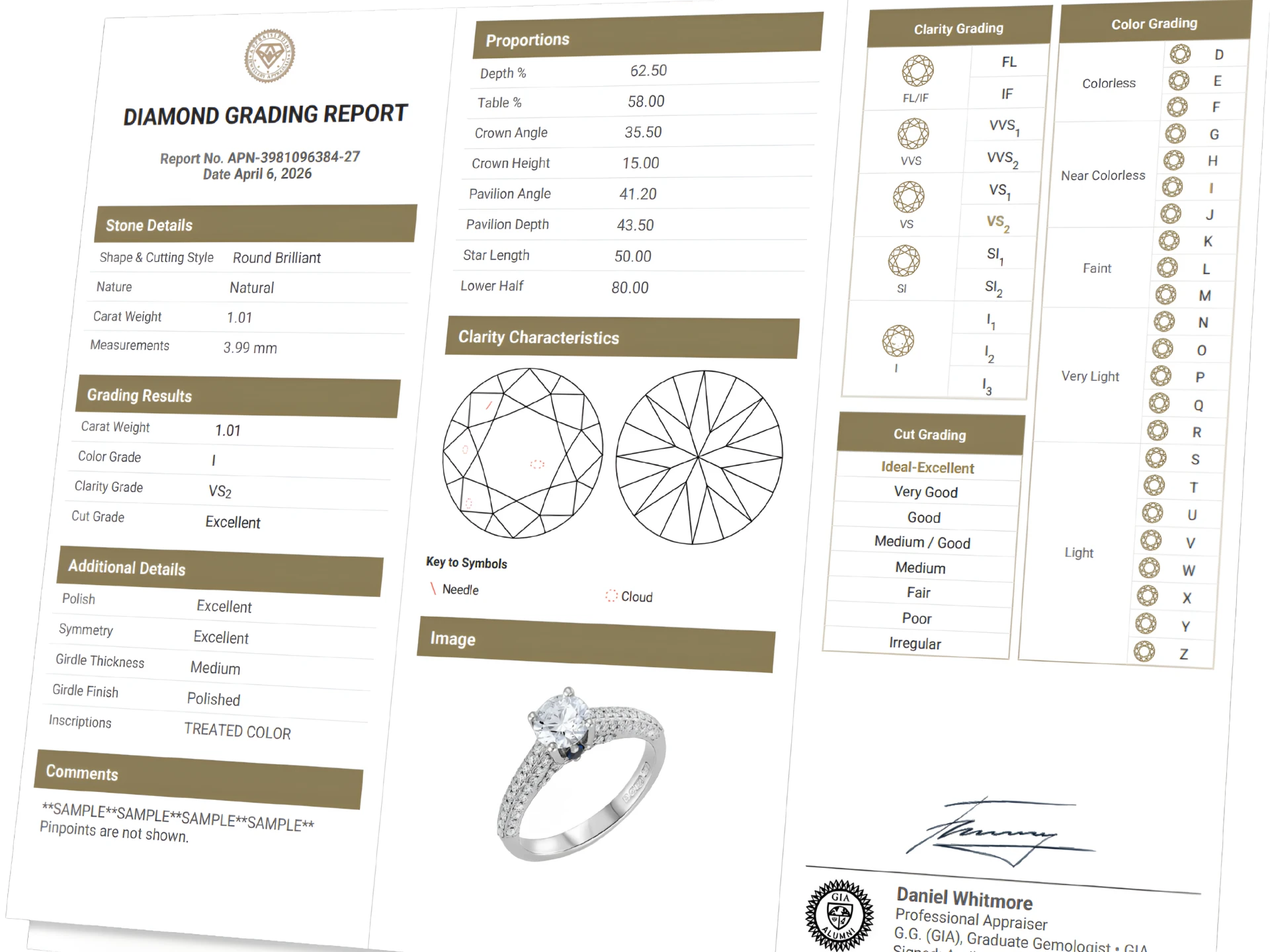 Diamond grading report with clarity plot and colour grading scale