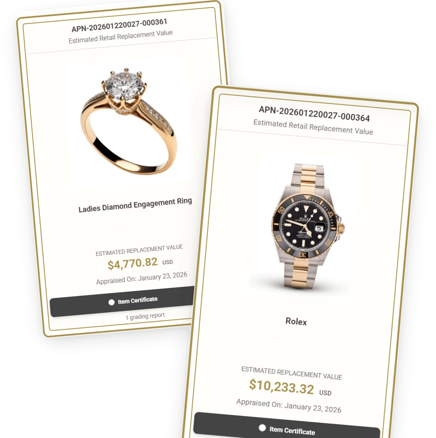 Customer portal with appraised jewelry and watches