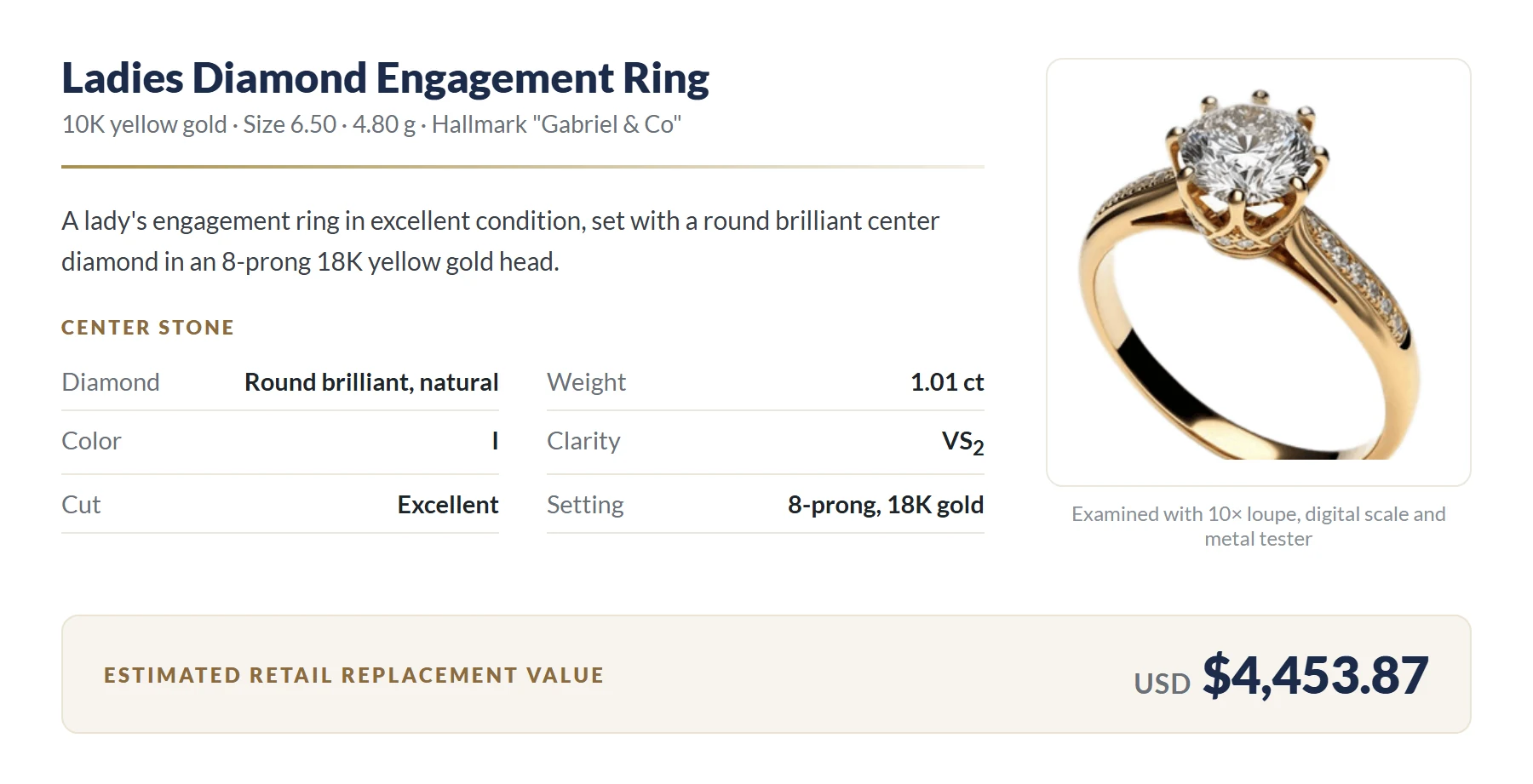 Report item section: ring description, center stone details, photo and replacement value